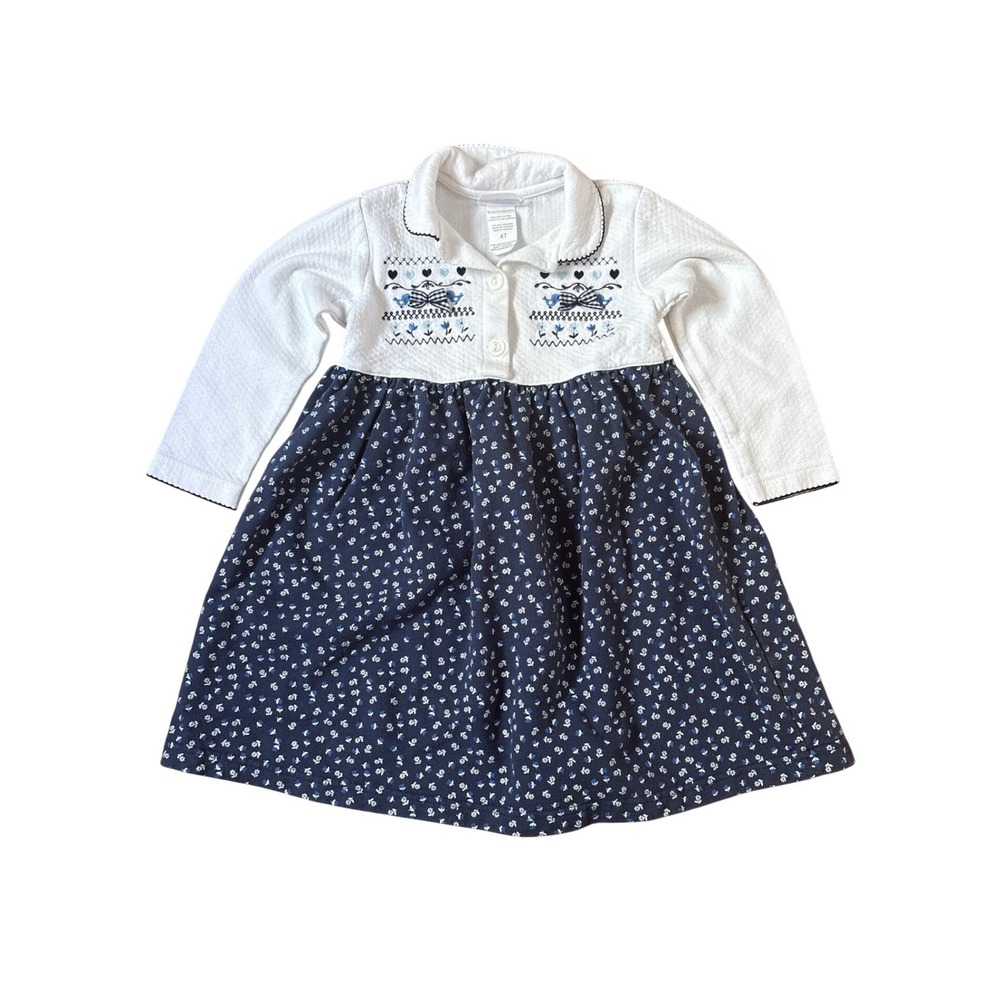 Buster Brown Long Sleeve Dress Girls White Navy Floral Embroidered SIZE 4T